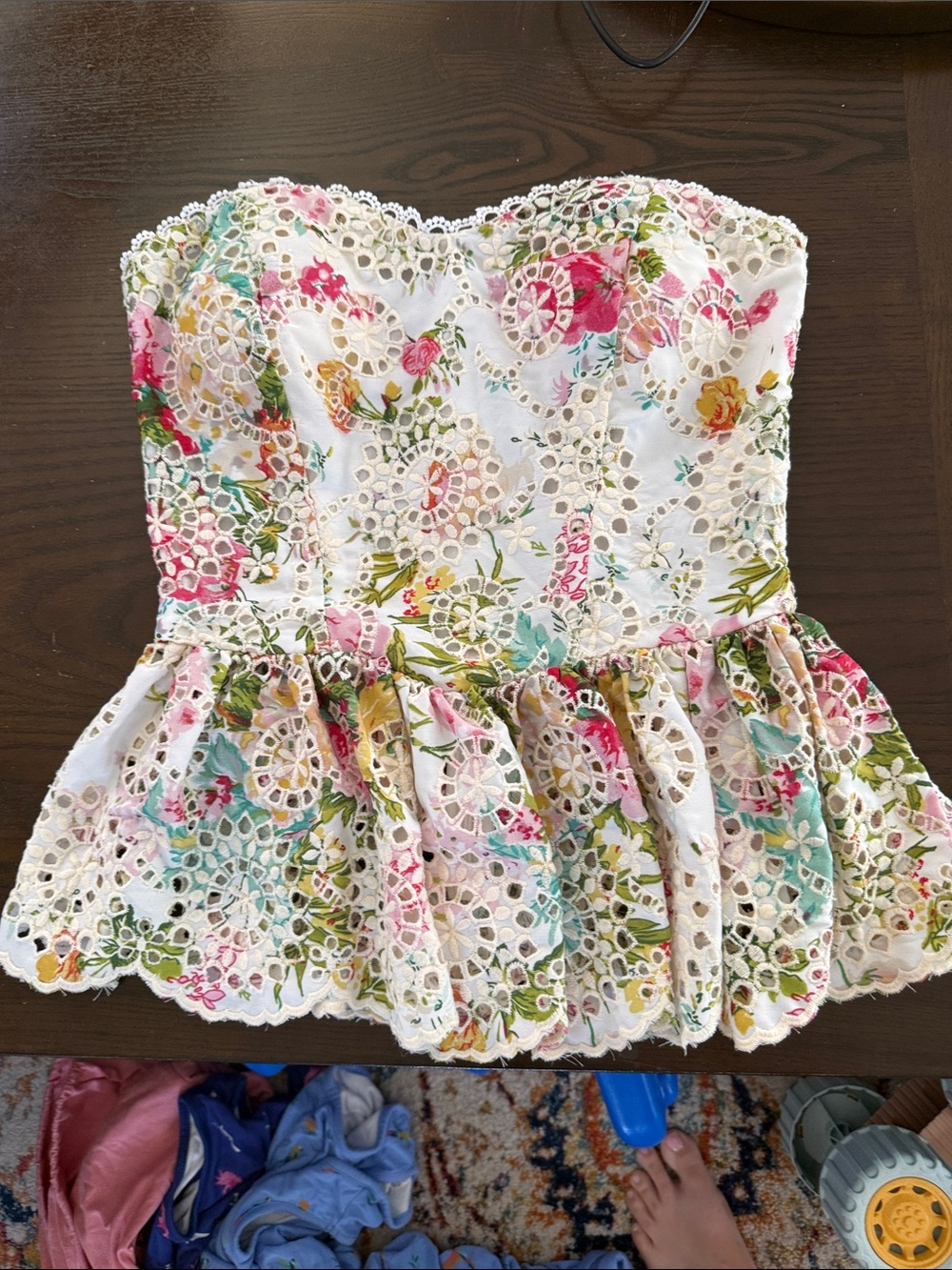 Vici White Floral Eyelet Strapless Peplum Top